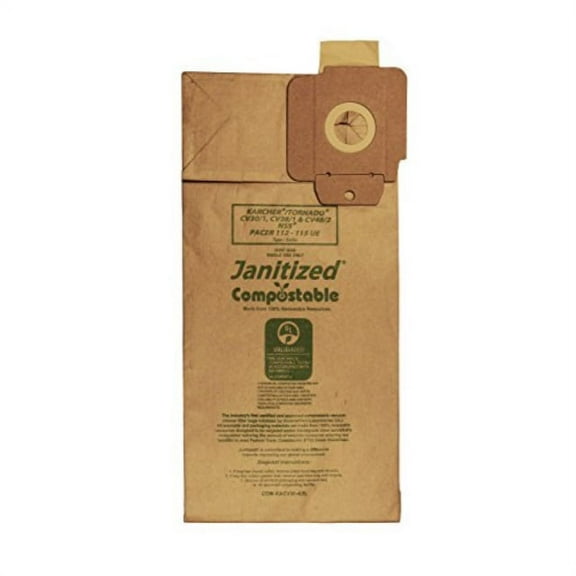 janitized com-kacv30-4(5) compostable premium replacement commercial vacuum paper bag for karcher/tornado cv30/1 and cv38/1, nss pacer 112-115ue vacuum cleaners (pack of 50)