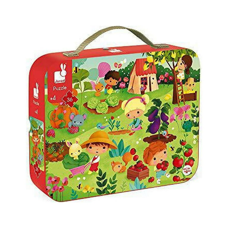 janod 36 piece garden jigsaw puzzle - mini suitcase for organized storage -  store everything inside and transport everywhere - cognitive development -  ages 4+ 
