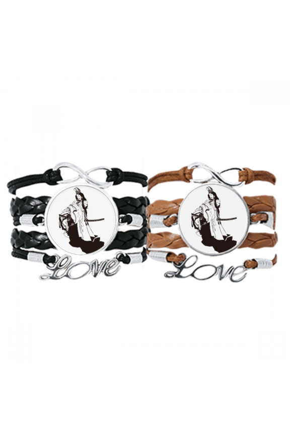 japan black kimono illustration bracelet hand strap leather wristband double set