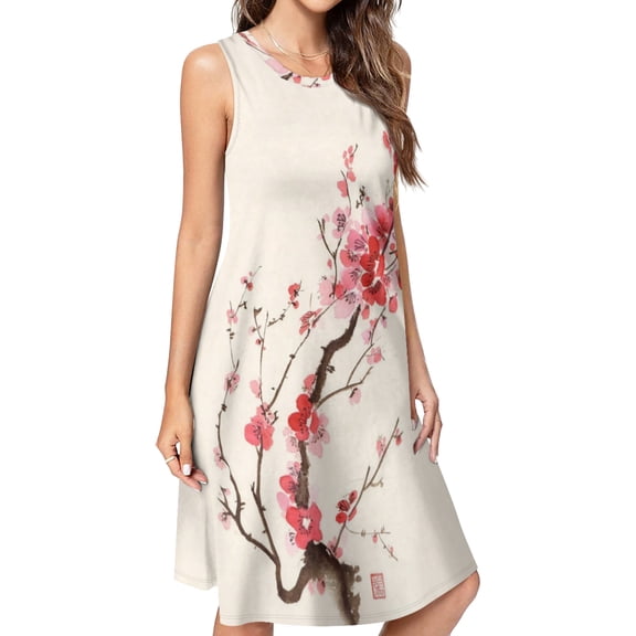 japanese cherry tree Spring Summer Dresses for Women Fashion T-shirt Dress Casual Sleeveless Loose Sundress with Pockets