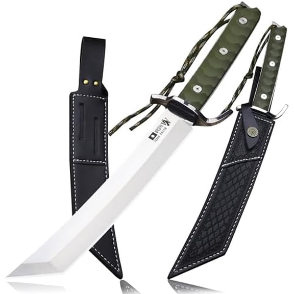 japans Fixed Blade Hunting Knife 17.4 Full Tang AUS-10 Steel, Samurai Style Tactical Bowie Knife with Mirror Polished Blade, G10 Fiber Handle & Leather Sheath for Camping, Survival, Outdoor Use