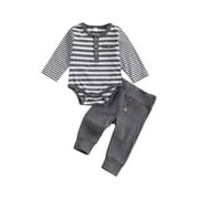 jaweiw 2Pcs/Set Newborn Baby Boys Outfit Long Sleeve Striped Bodysuit Romper Solid Pants Fall Winter Clothes，0-18M