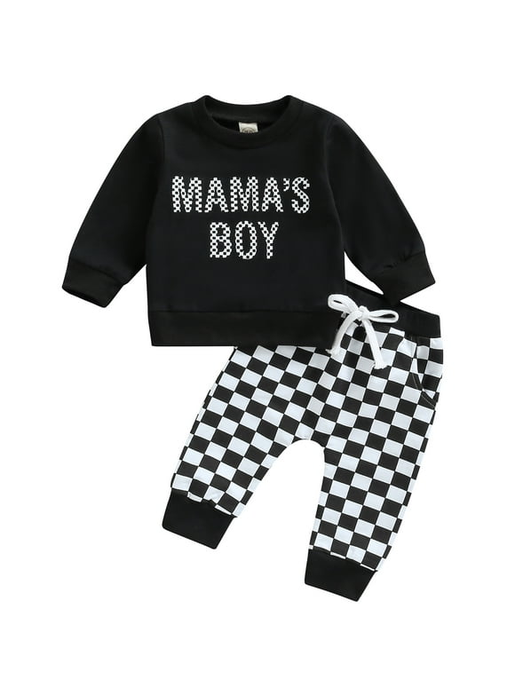 jaweiw Baby Boy Long Sleeve Tops + Pants Outfits Set, Letter Checkerboard Print Elastic Waist Drawstring Spring Fall Clothing,Size 0 6 12 18 24 M 3 Years
