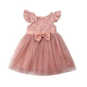 jaweiw Baby Girls Princess Dress Fly Sleeve Lace Pearl Tulle Patchwork Tutu Sundress Bowknot Hollow Out Birthday Party Wedding Clothes