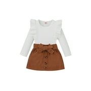 JAWEIWI jaweiw Kid Girl Fall Clothes Set, Ribbed O-Neck Pullover Tops+ Buttons Decor Skirt