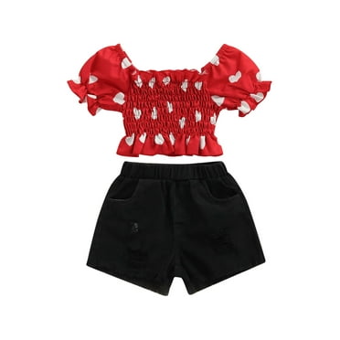 jaweiw Kids Girls Summer Clothes Set, Square Collar Heart Print Short Sleeve Tops and Elastic Waist Shorts