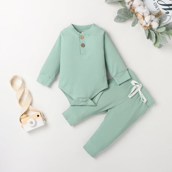 jaweiw Newborn Baby Boy Girl Clothes Ribbed Knitted Cotton Long Sleeve Romper Long Pants Solid Color Fall Winter Outfits