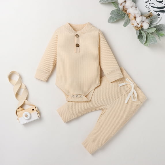 jaweiw Newborn Baby Boy Girl Clothes Ribbed Knitted Cotton Long Sleeve Romper Long Pants Solid Color Fall Winter Outfits