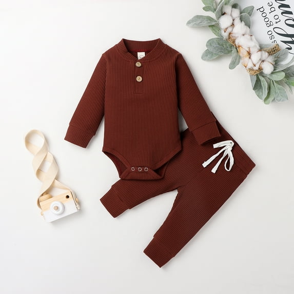 jaweiw Newborn Baby Boy Girl Clothes Ribbed Knitted Cotton Long Sleeve Romper Long Pants Solid Color Fall Winter Outfits