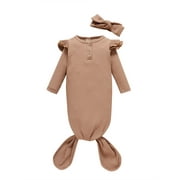 jaweiw Newborn Baby Boy Girl Knotted Gowns Long Sleeve Printed Sleeping Bag Coming Home Outfit Nightgown Pajamas Hat Set