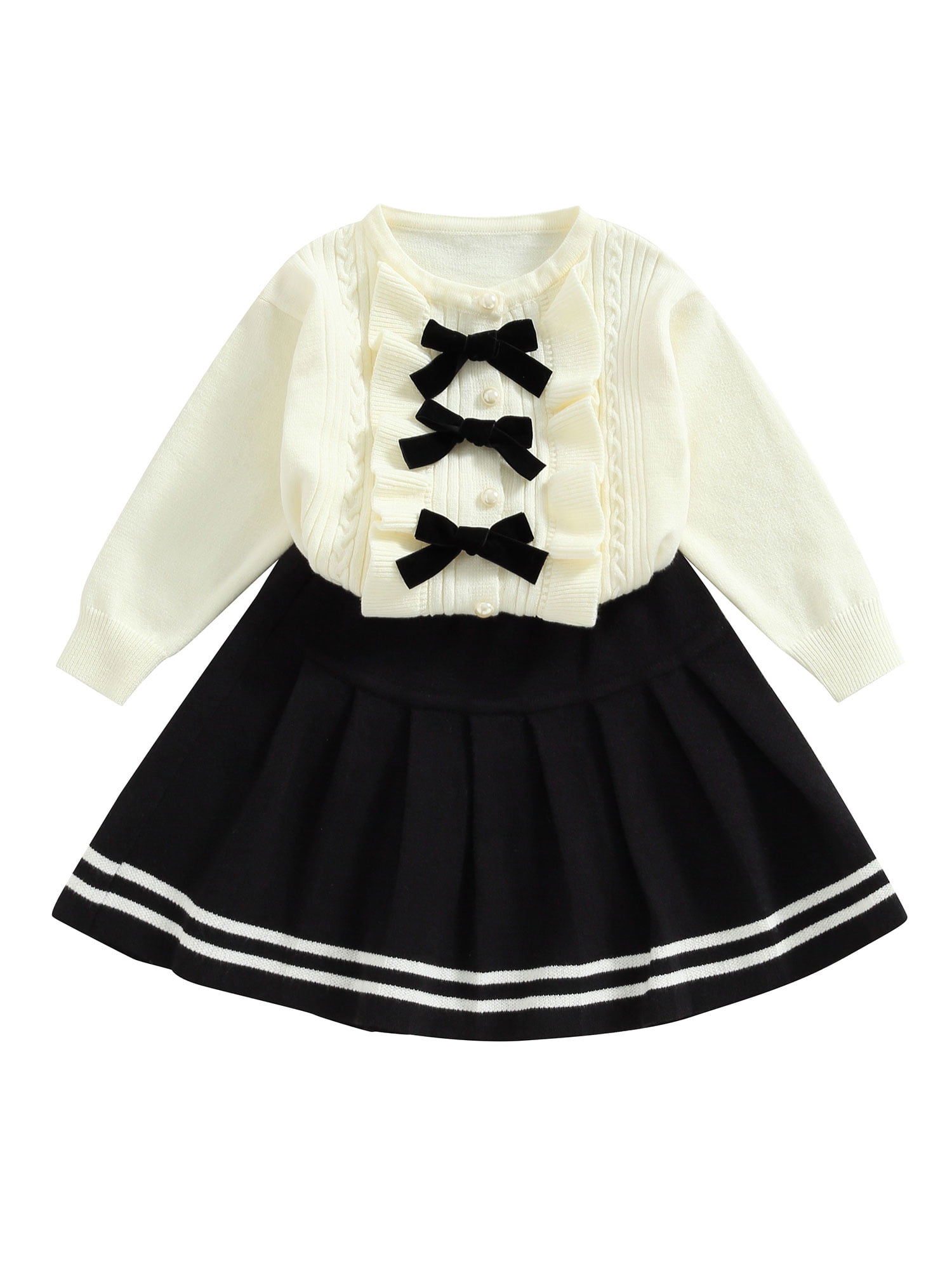 Pleated Skirt Bow White Black Knit Set Pleated Skirt Bow White Black Knit Set