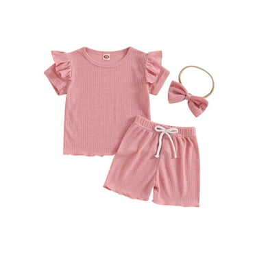 jaweiwi 3-Piece Toddler Baby Girls Ribbed Clothing Set 0 6 12 18 24 Months 2T 3T Ruffles Short Sleeve Round Neck Lacy Tops Elastic Waist Shorts Bow Hair Band Outfits
