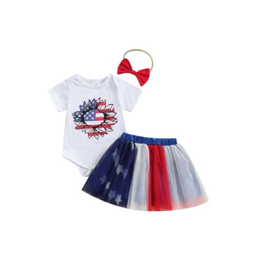 jaweiwi Baby Girls 4th of July Outfits 0 3 6 12 18 Months Flower Stripe Star Print Short Sleeve Rompers Tulle Tutu Skirts Headband 3Pcs Clothes Set