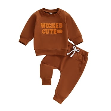 jaweiwi Baby Toddler Boys Halloween Outfits 0 6 12 18 24 Months Pumpkin Letter Embroidered Long Sleeve Sweatshirts and Long Pants 2Pcs Fall Clothes Set