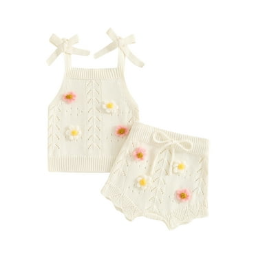 jaweiwi Baby Toddler Girls Knitted Outfit, 0 6 12 18 24 Months 2T 3T Tie-up Camisole with Elastic Waist Shorts Flower 2-piece Clothing