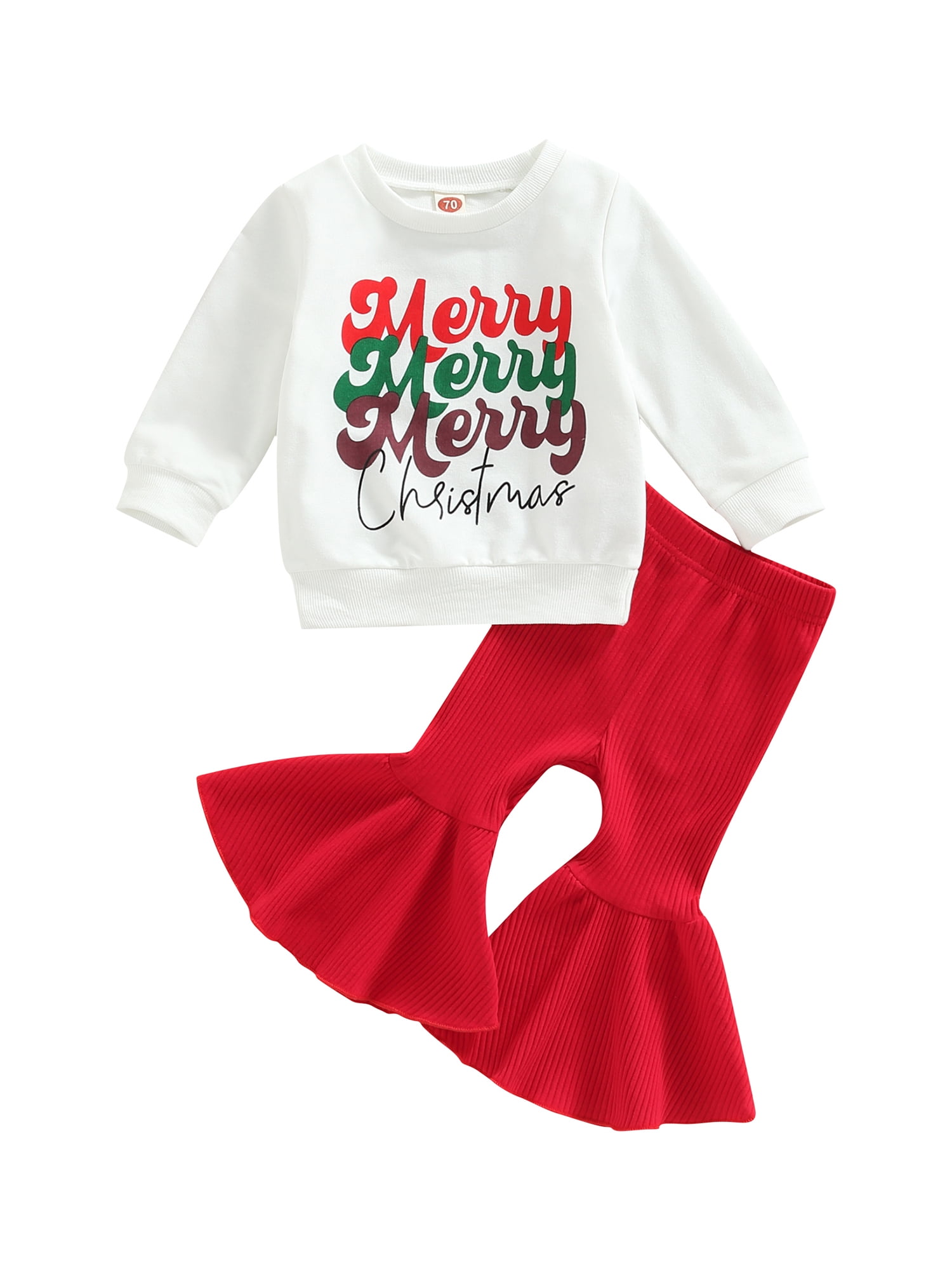 jaweiwi Kid Girls Christmas Clothes Set, Long Sleeve Round Neck Letters Shirt + Casual Street Bell-Bottoms Trousers Fall Outfits,Size 0 6 12 18 24 M 3 Years