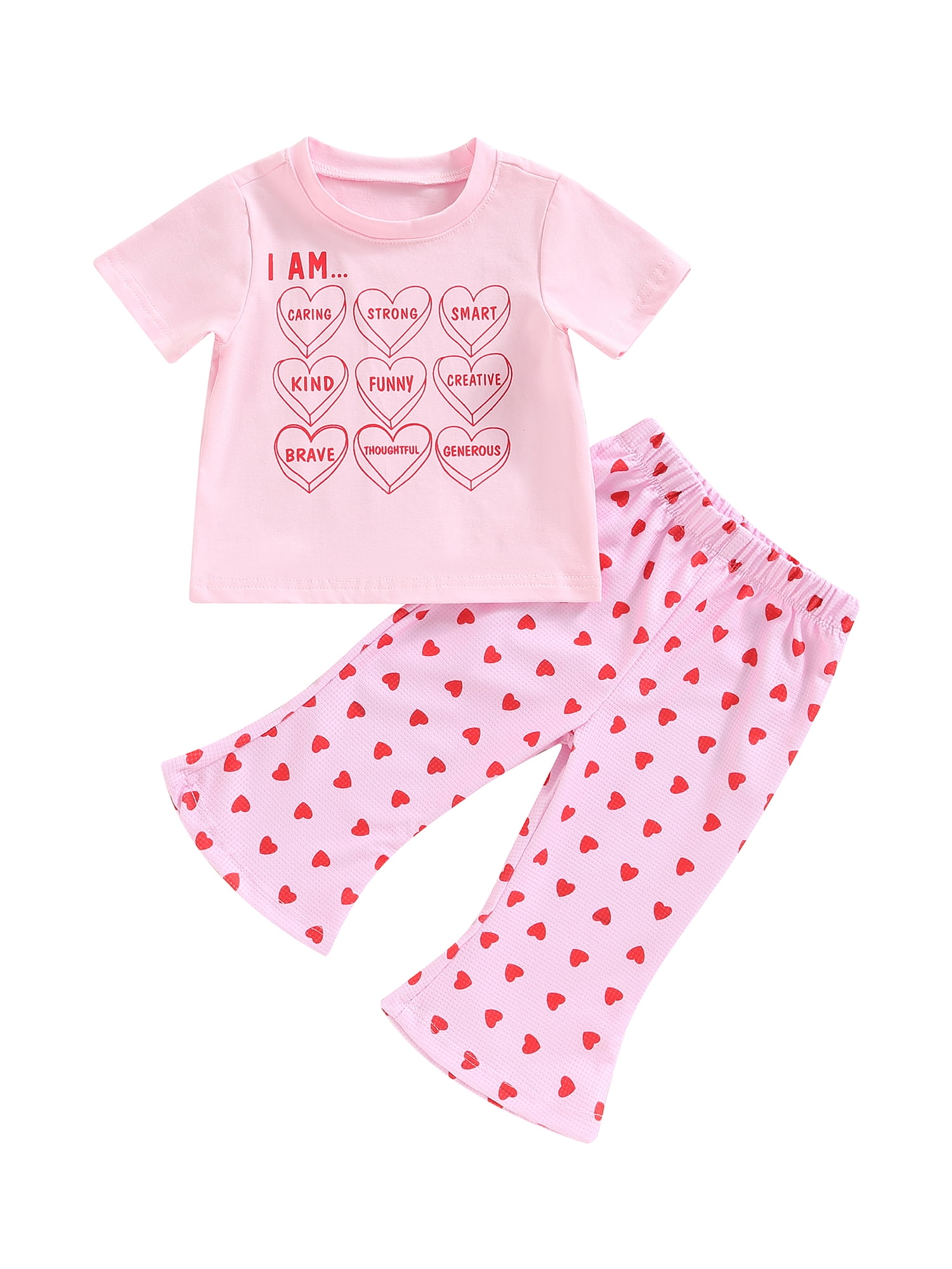 Girls White Heart Printed Short Sleeves T-Shirt With Wide-leg Pants Sets main image 0
