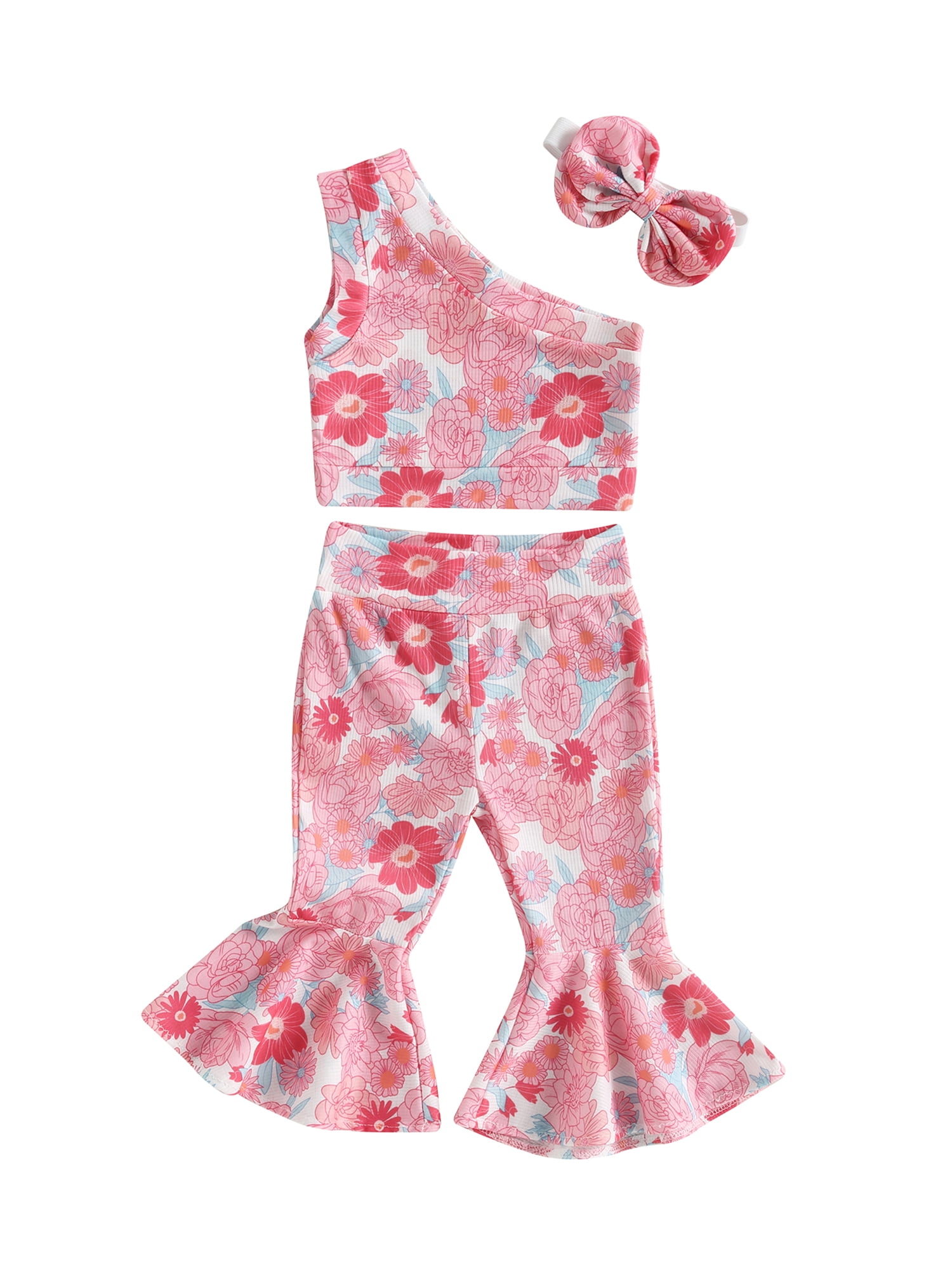 jaweiwi Toddler Baby Girls Summer Outfit Sets 9M 12M 18M 24M 2T 3T 4T Sleeveless One Shoulder Vest + Floral Flared Pants + Headband Clothes Set