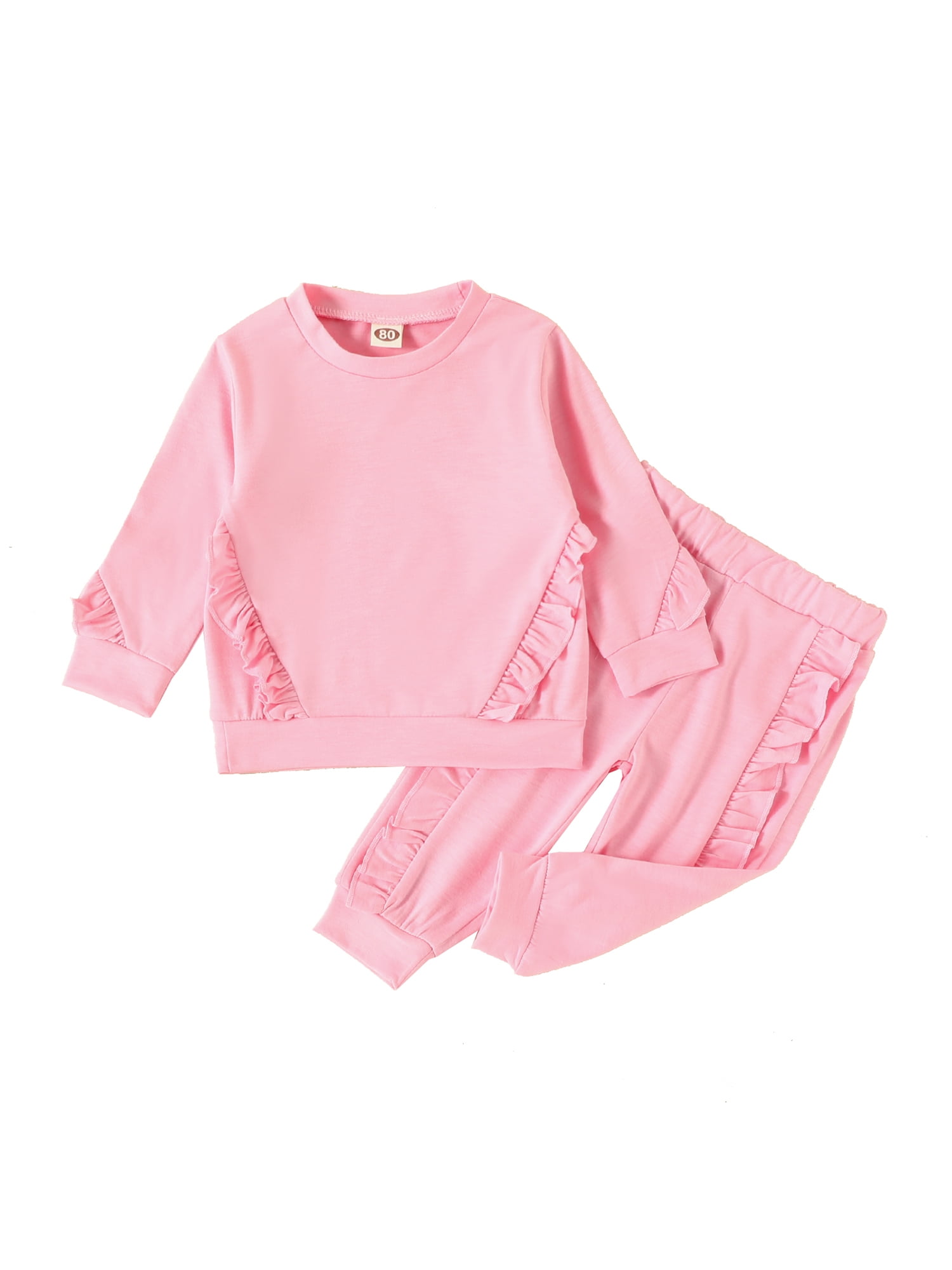 jaweiwi Toddler Girls Autumn Clothes Set Long Sleeve O Neck Ruffle Tops T shirt + Solid Color