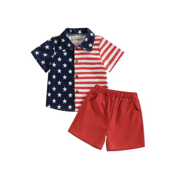jaweiwi Toddler Kids Boys 4th of July Outfits, 12M 24M 2T 3T 4T 5T 6T Short Sleeve Stars and Stripes Print Shirt + Shorts Clothes Set