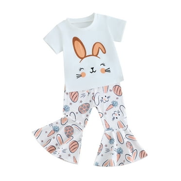 jaweiwi Toddler Kids Easter 2 Piece Clothes Set 6 12 18 24 Months 2T 3T 4T Round Neck Short Sleeve Rabbit Print T shirt Tops + Elastic Waist Carrot Print Flare Pants Little Girl Outfit