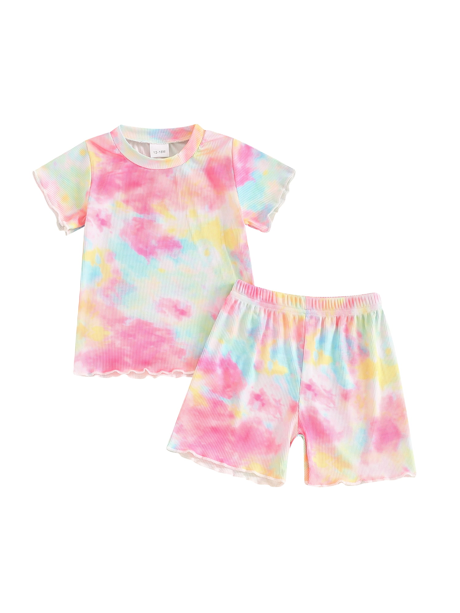 jaweiwi Toddler Kids Girl Summer Outfit 12 18 24 Months 2T 3T 4T 5T Tie-Dye Print Round Neck Short Sleeve T shirt Tops and Shorts 2Pcs Clothes Set