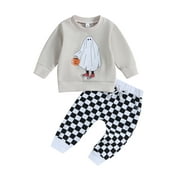 jaweiwi Toddler Kids Halloween Outfits for Boys Girls 0 6M 12M 18M 24M 2T 3T Long Sleeve Cartoon Ghost Sweatshirt + Checkerboard Pants Set Baby Clothes