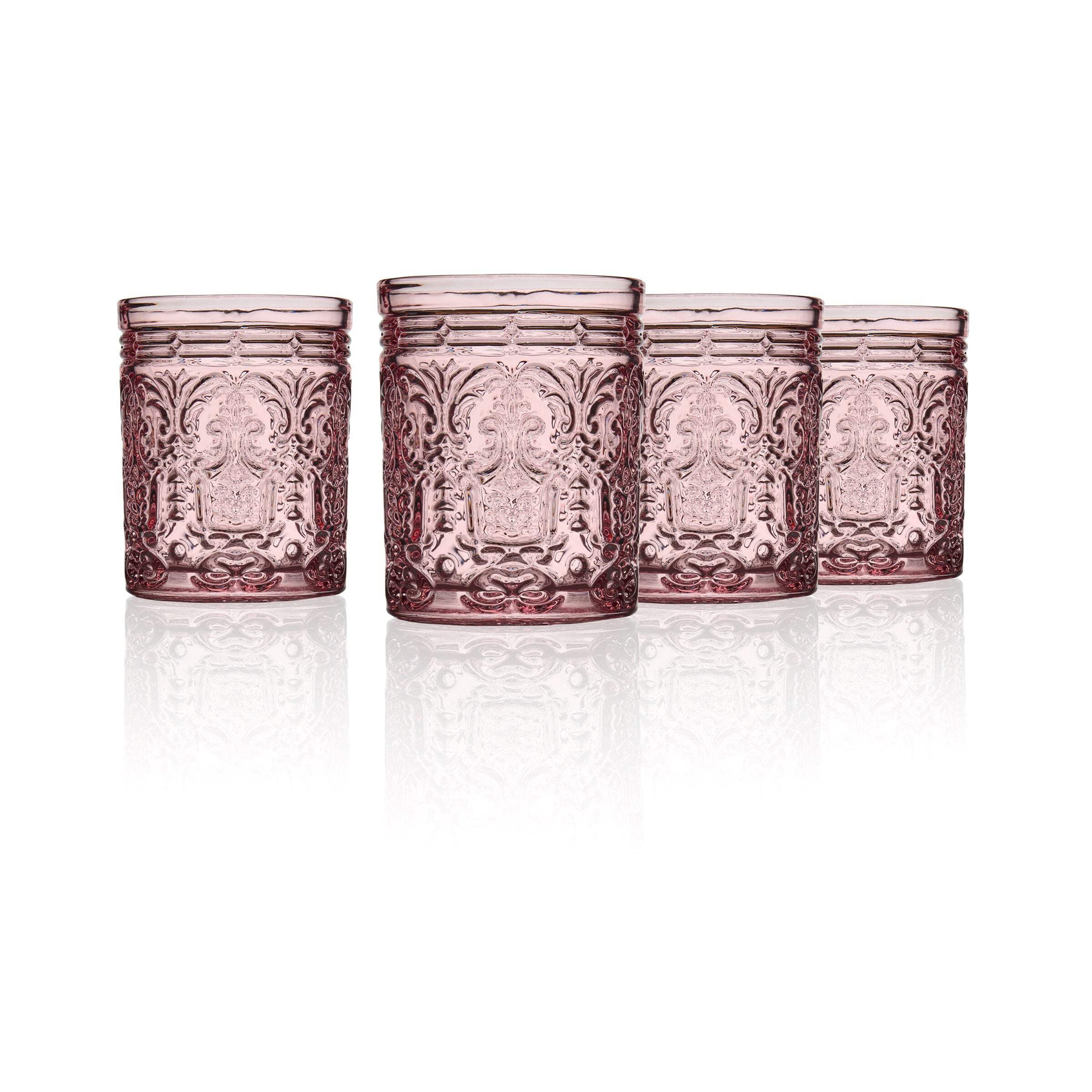 Pink Embossed Glass Whiskey Tumblers Set of Four