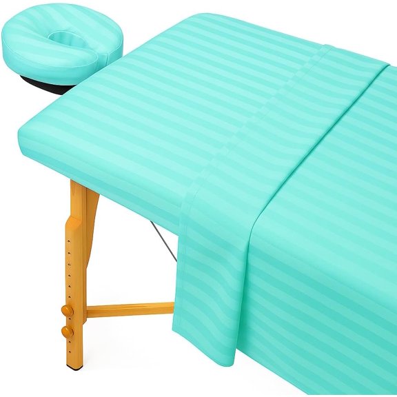 jaycorner. Giza Cotton Massage Table Sheet Set, 3-Piece Spa Linen Set with Fitted Sheet, Table Cover and Face Rest Cover, Ultra Soft (Stripe, Aqua Blue)