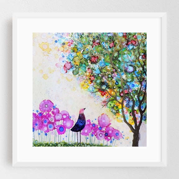 je suis plenitude - Painting Abstract Watercolor Floral Psychedelic Bird Whimsical Nature White Framed Wall Art Print 10 x 10 inches