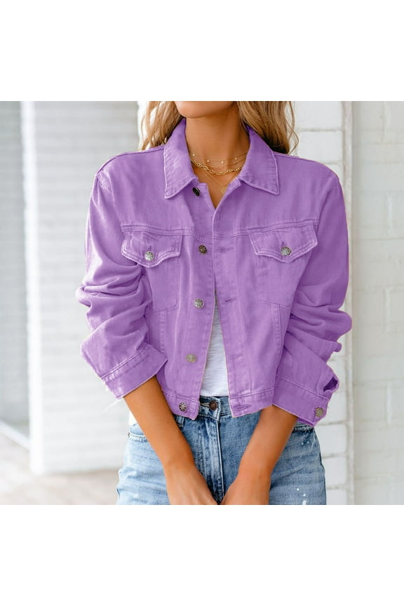 jean jacket women stretchy cropped long sleeve turn down collar button down denim jacket fall cardigan with pockets