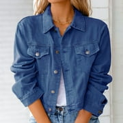 DRINDF jean jacket women stretchy cropped long sleeve turn down collar button down denim jacket fall cardigan with pockets