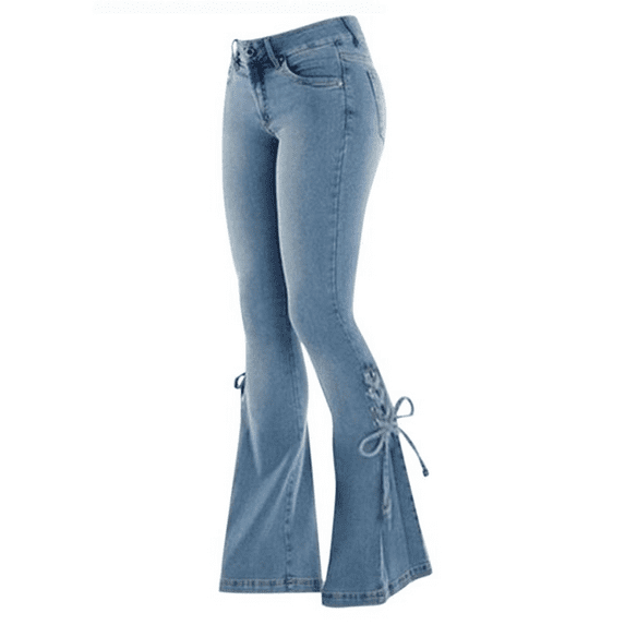 Labakihah jeans for women Women's Mid-Waist Lace-Up Denim Trousers Stretch Jeans Flared Pants bell bottom jeans for women Blue
