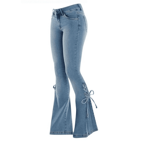 Labakihah Jeans For Women Women'S Mid-Waist Lace-Up Denim Trousers Stretch Jeans Flared Pants Bell Bottom Jeans For Women Black