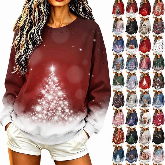 jehdhy Christmas Shirts for Women Pullover Crewneck Long Sleeve Graphic Tops Christmas Sweatshirts