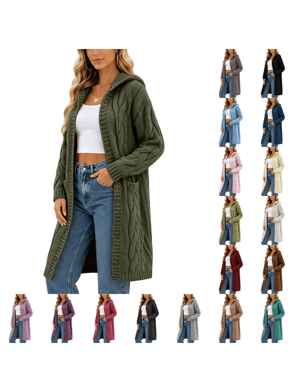 Long Cardigan Sweaters for Women Open Front Long Sleeve Hooded Coat Winter Fashion Casual Outwear with Pocket