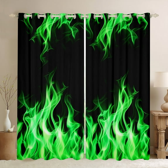 jejeloiu 3D Abstract Fire Curtains Pack of 2 (42x84 Each),Modern Fashion Curtains Blackout,Green Black Bedroom Curtains For Boy,Microfiber Room Decor