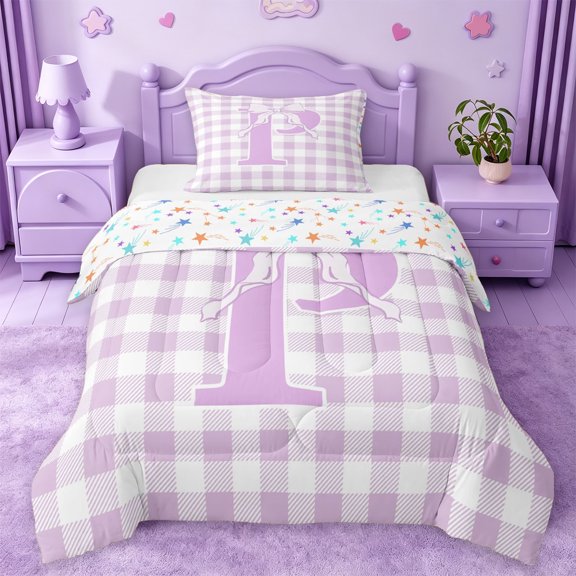 Catabedysis 3D Alphabet Print Twin Comforter Sets For Girl,Cute Bowknot Letter P Design Bedding Set,Colorful Stars Reversible,2 Pieces,1 Comforter and 1 Pillowcase