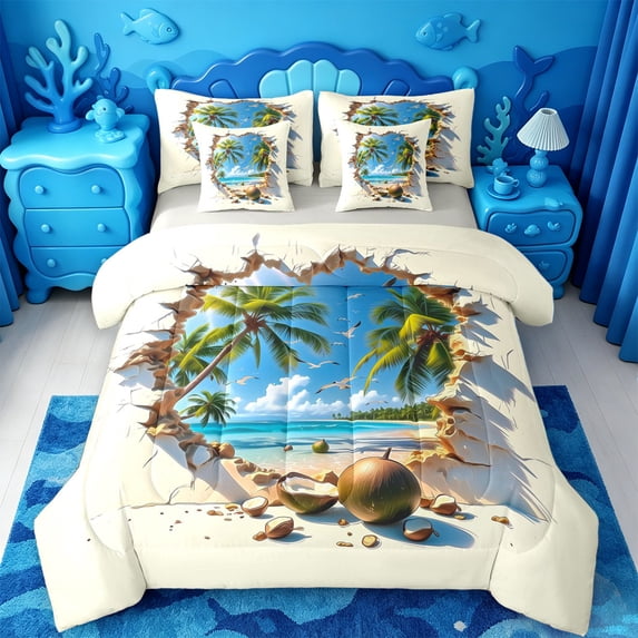 jejeloiu 3D Breakthrough Coconut 7 Pieces Full Size Bedding Sets,Tropical Beach Scene Full Size Bed in a Bag For Boys,Beige Blue,Light Gray Reversible