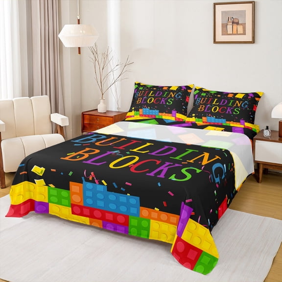 jejeloiu 3D Building Blocks Twin Sheet Sets,Bricks Rainbow Gradient Twin Fitted Sheet,Colotful Abstract Construction Flat Sheet For Boys,Luxury Bedroom Decor,3-Piece