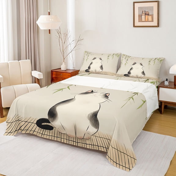jejeloiu 3D Cartoon Animal Cat Bed Sheets Kids,Japan Minimalist Style King Sheets,4 Pieces