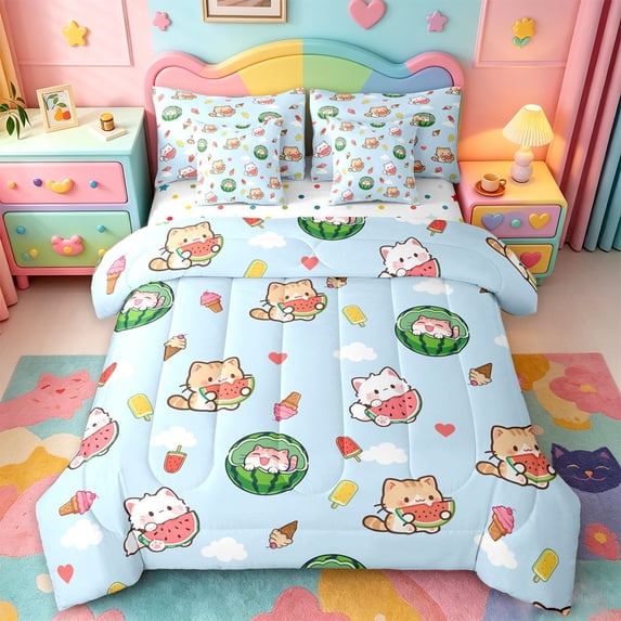 jejeloiu 3D Cartoon Cute Cat 7pcs Bedding Comforter Set Kids,Kawaii Pet Animals Ice Cream Print Queen Bedding Sets For Girl,Reversible