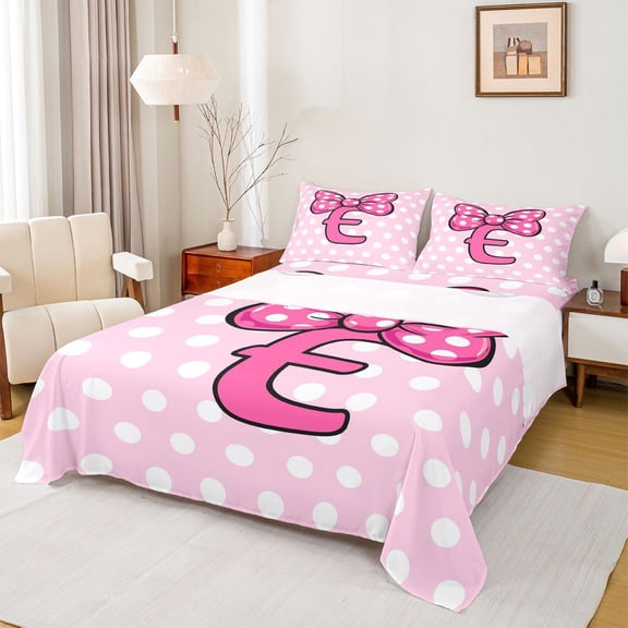 jejeloiu 3D Cartoon Initial E Bed Sheets For Girls,Princess Bow Monogram Art King Sheets,4 Pieces