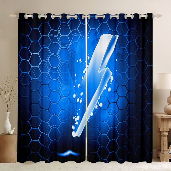 jejeloiu 3D Cartoon Lightning Curtains Pack of 2 (42x84 Each),Blue Honeycomb Hexagon Curtains Blackout For Boy Teens