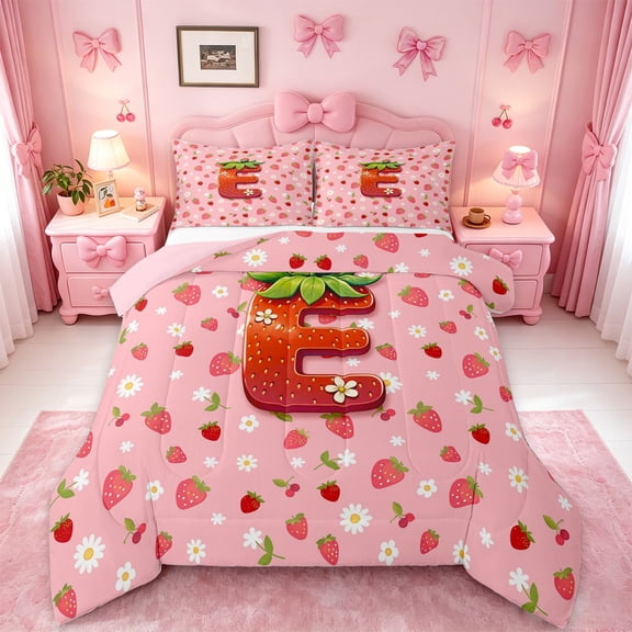 jejeloiu 3D Cartoon Monogram E Queen Comforter Set For Girls,Pink Fruit Strawberry Bedding Comforter Set,Pink Reversible,3-Piece