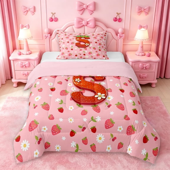 jejeloiu 3D Cartoon Monogram S Twin Comforter Sets For Girls,Pink Fruit Strawberry Bedding Set,Pink Reversible,2pcs