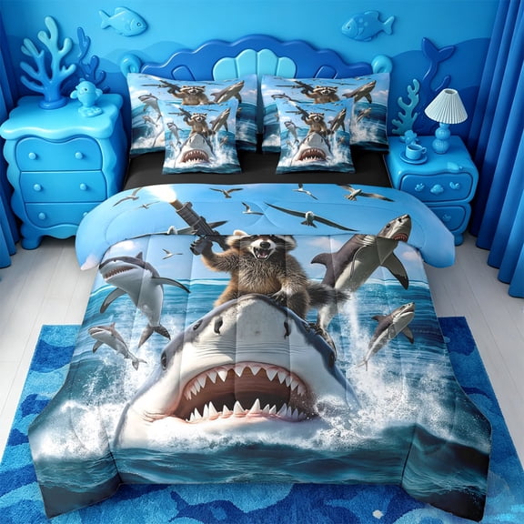 jejeloiu 3D Cartoon Shark 7-Piece Twin Bedding,Ocean Seagull Cute Cat Bedding Comforter Set For Boys,Blue Black,Black Reversible