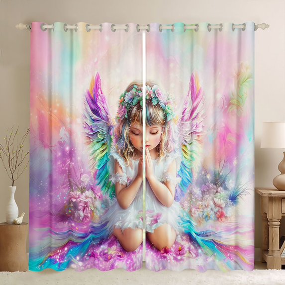 jejeloiu 3D Colorful Angel Wings Curtains Pack of 2 (42x84 Each),Multicolored Botanical Flowers Curtains Blackout For Girls