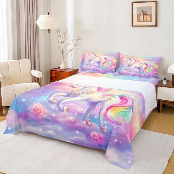 jejeloiu 3D Colorful Unicorn Full Size Sheets,Pink Flower Floral Bed Sheets,Gradient Multicolor Sky Sheet Sets For Girls Teens,Breathable Home Decor,4pcs