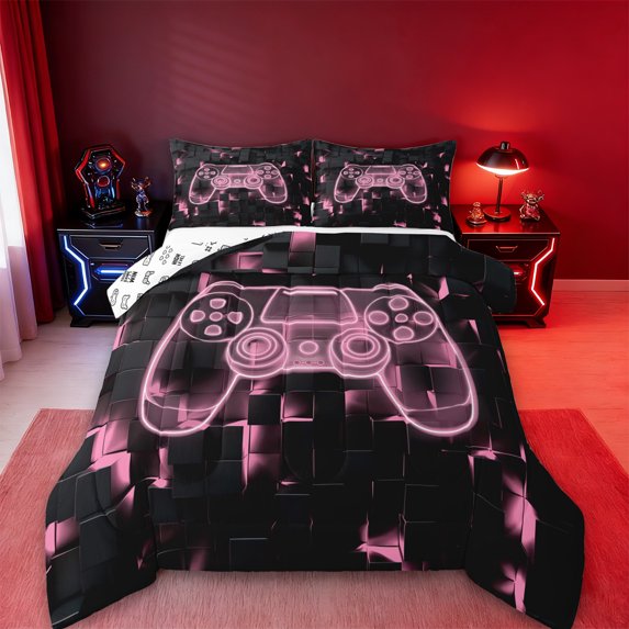 jejeloiu 3D Console Gamer Bedding Comforter Set,Modern Video Game Twin Comforter Sets,Pink Black Bedding Set For Boy,Super Cozy Room Decor Reversible,2pcs
